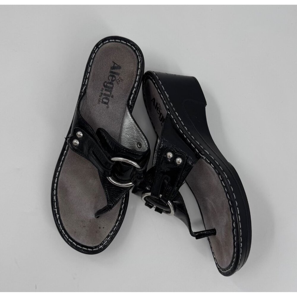 Alegria Lola Black Patent Leather Thong Wedge Slide Sandals Size 39 EU / 8.5-9 U